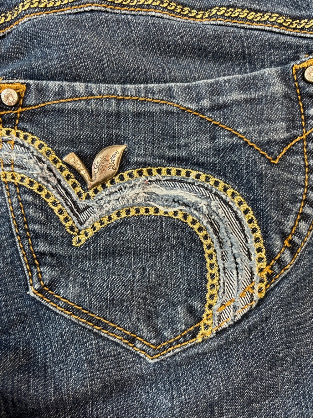 Y2K Vintage Apple Bottoms Dark Blue Distressed Embroidered Skinny Jeans - Picture 3 of 13